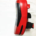 Black and red hand-held Sanda fighting foot target, 35cm long, with a double buckle strap on the back