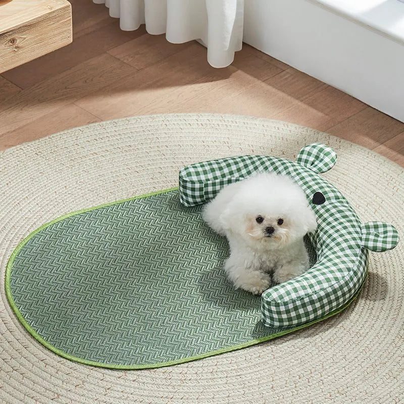 Green pet cooling mat for small dog in size L, 75 x 55cm, on a wooden floor