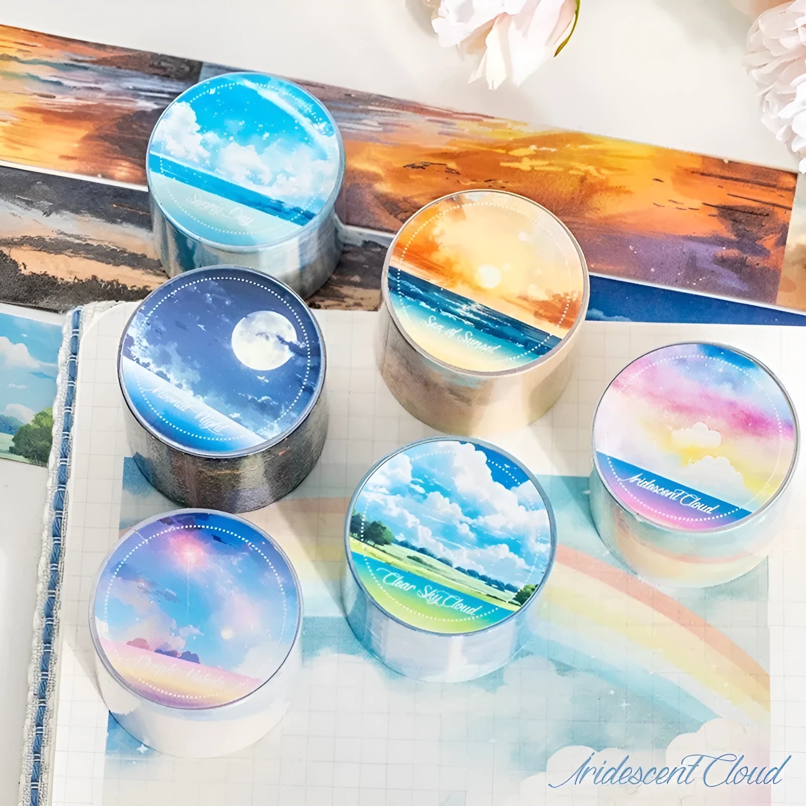 Japanese paper washi tape journal stickers showing six sky patterns including colourful clouds and twilight on 30mm wide 2m long roll
