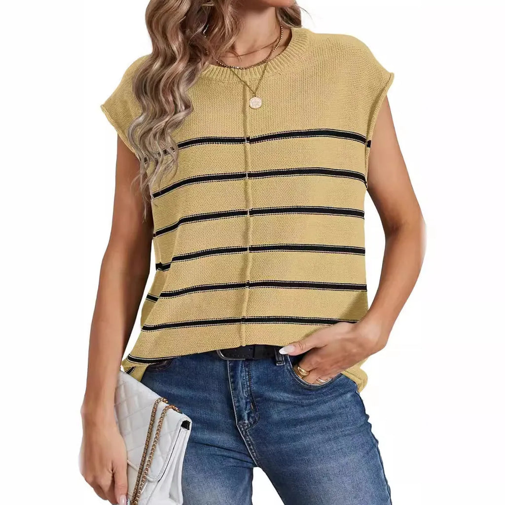 Women's striped sleeveless pullover vest top in apricot colour on a hanger