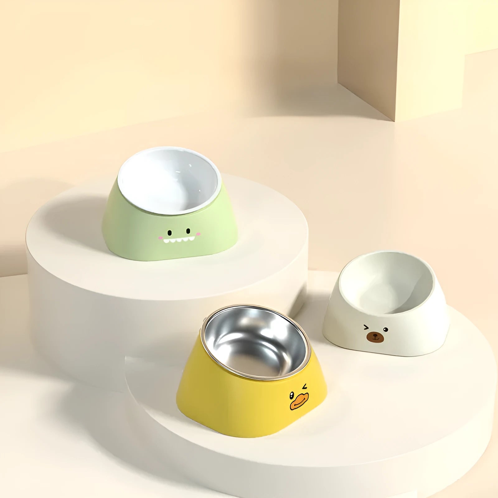 15-degree tilted stainless steel cat bowl with PP base in green colour on a light background