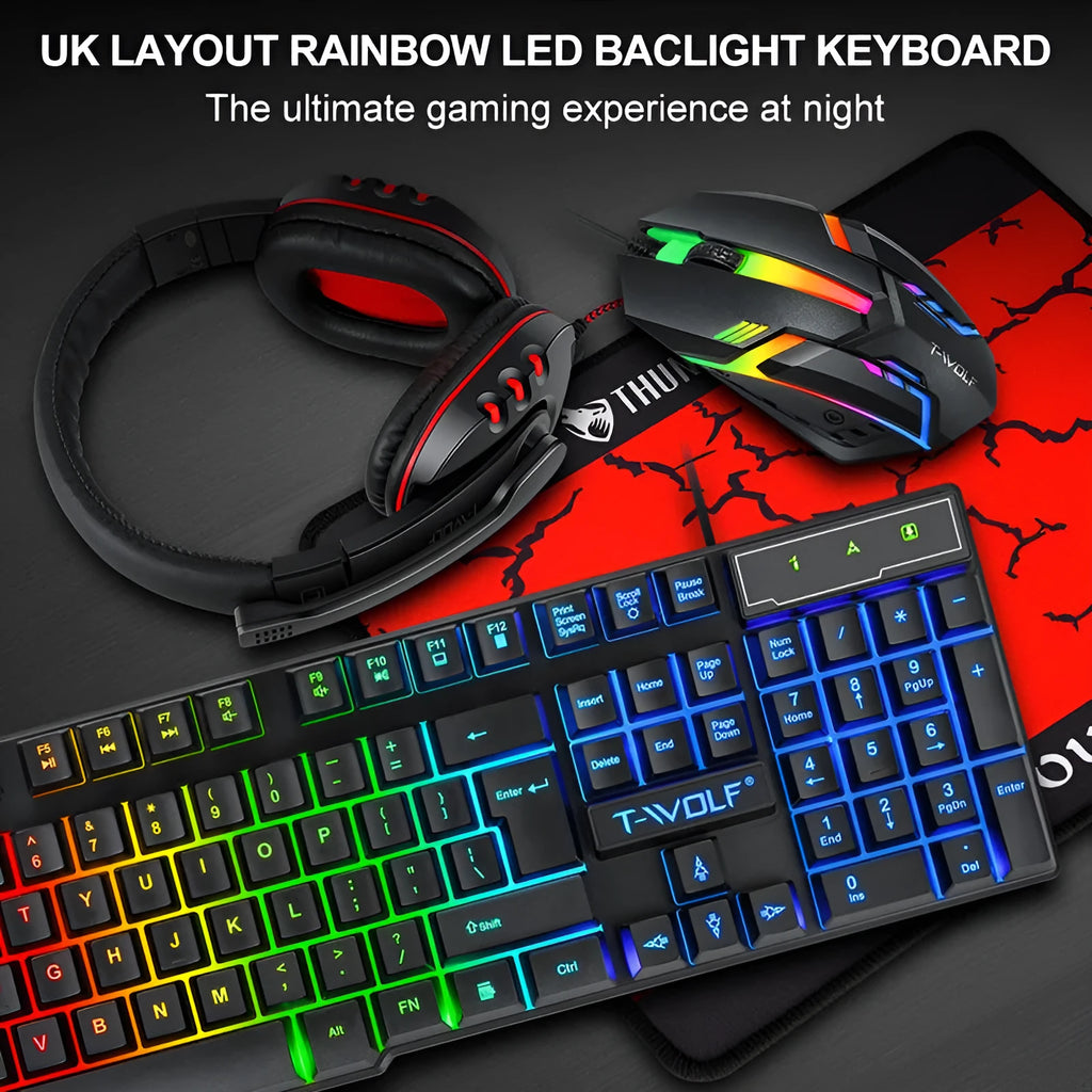 Thunder Wolf gaming keyboard and mouse set with luminous keyboard, optical mouse, headset and large mouse pad