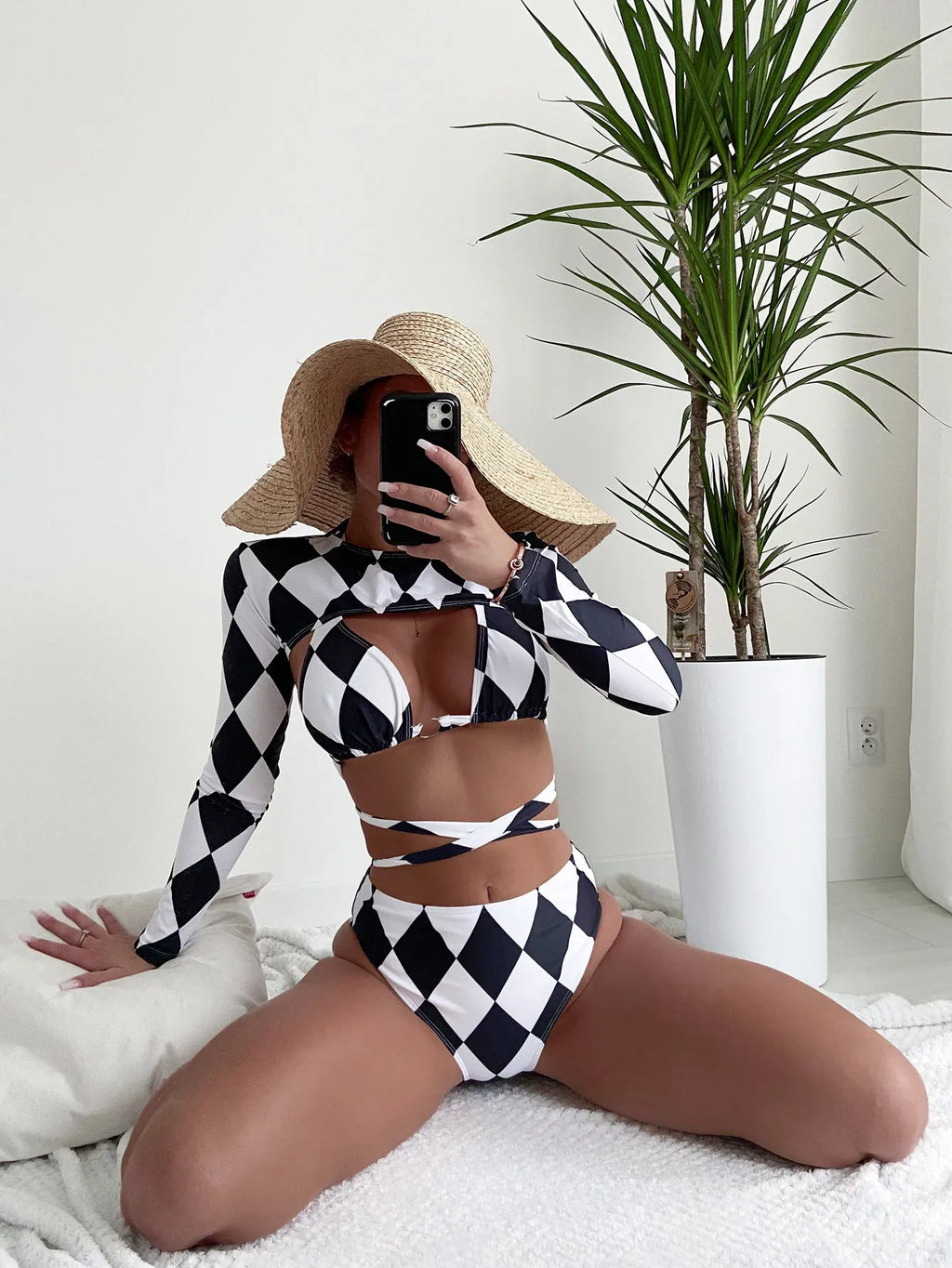 Women's plaid three-piece swim set with long sleeve bikini top and matching bottoms