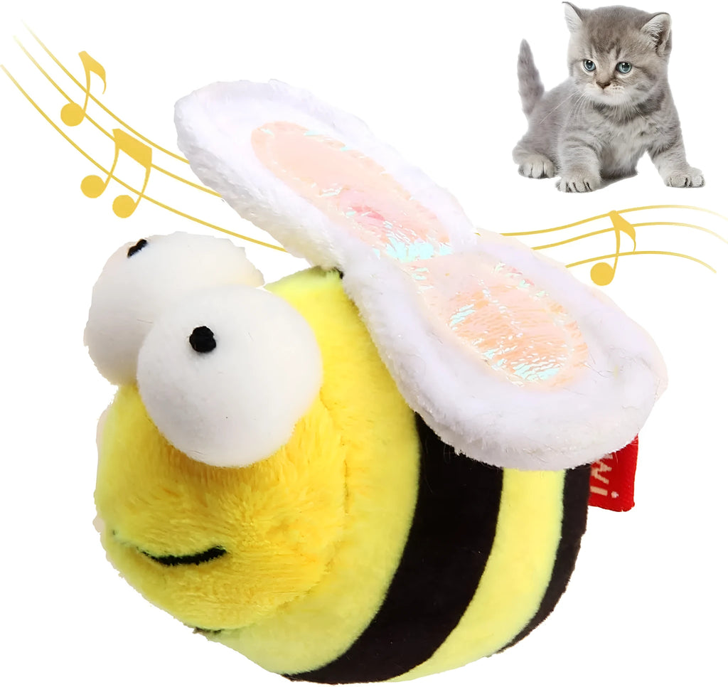 Yellow bee-shaped flannelette cat toy with motion-activated electronic squeak.