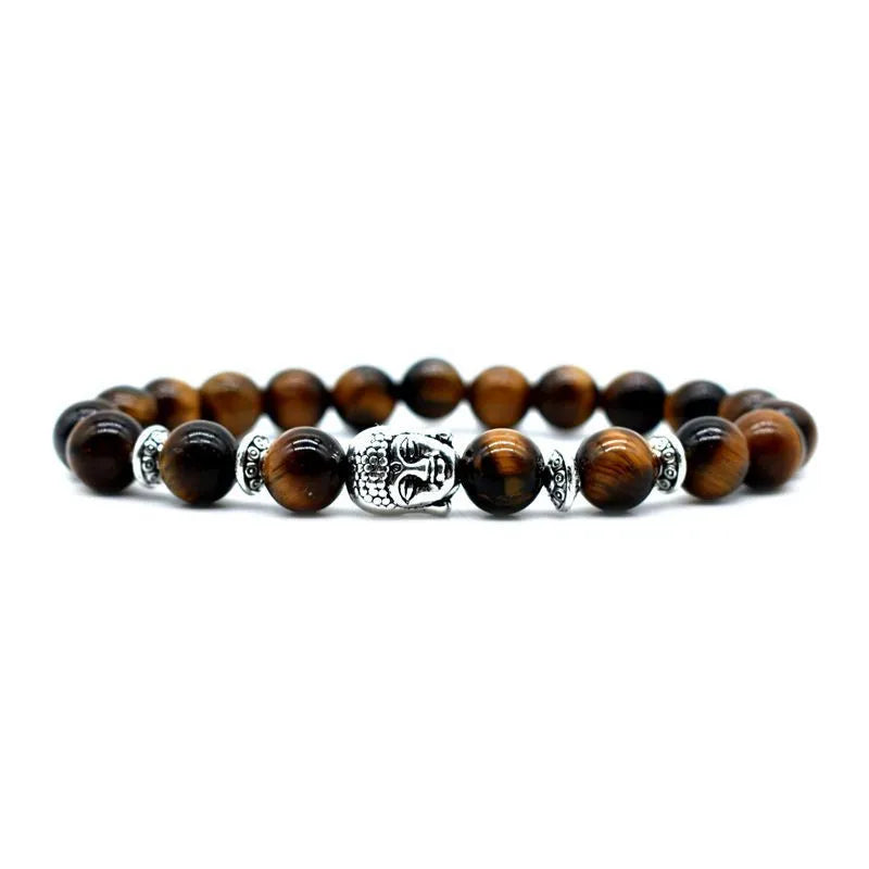 Handmade tiger eye bracelet with 19mm Buddha head charm in choice of five materials