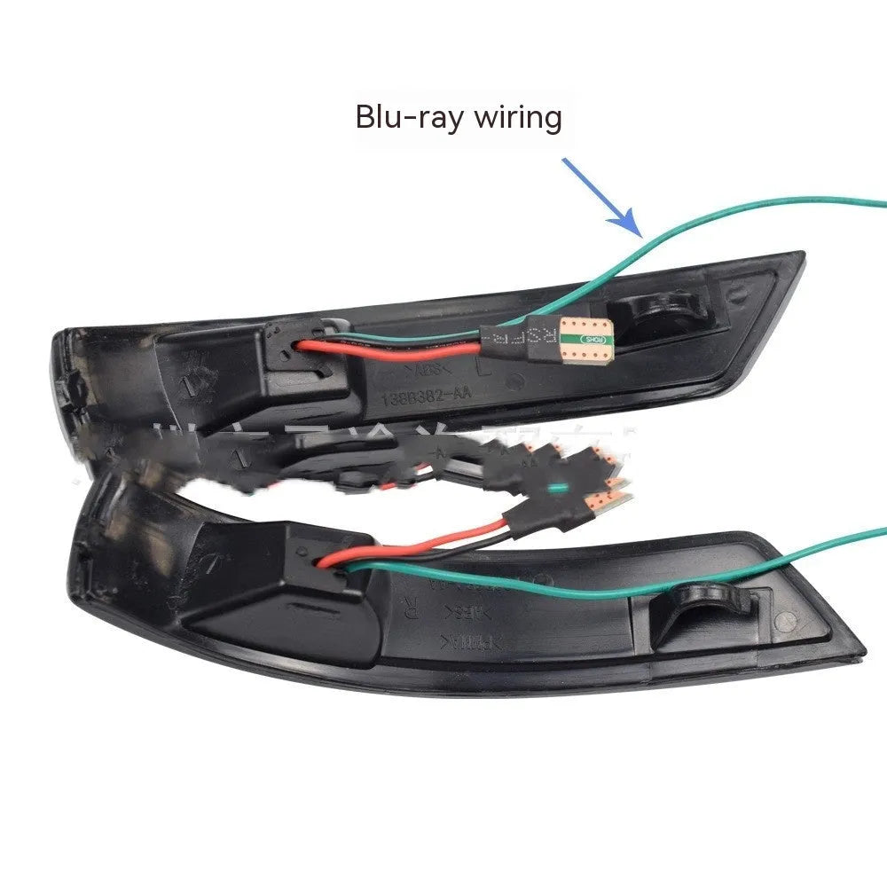 Pair of Ford Focus and Mondeo rearview mirror waterfall lights in ABS housing, showing yellow and two-tone LED options.