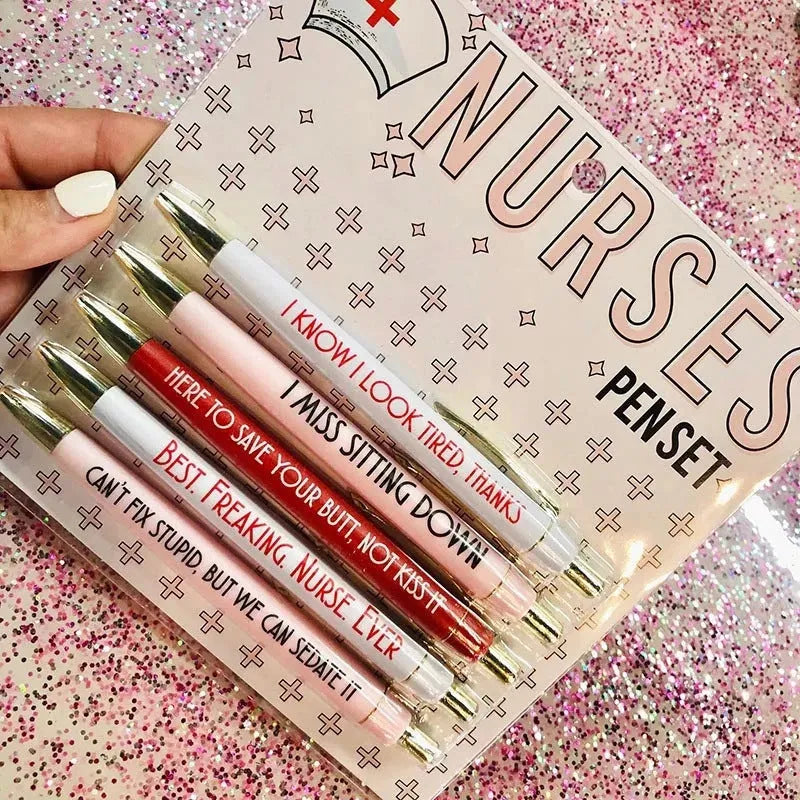 Five plastic retractable ballpoint pens with nurse theme copywriting design, each 14cm long