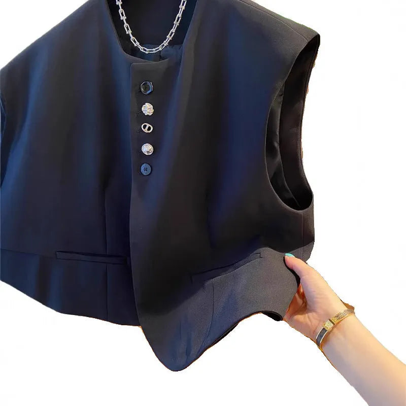 Beige loose-fitting women's waistcoat vest with a pocket, shown as a bandage dress style top.