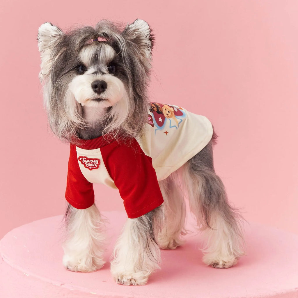 Cotton dog summer shirt with embroidery in red or pink, showing size range XS to XXL