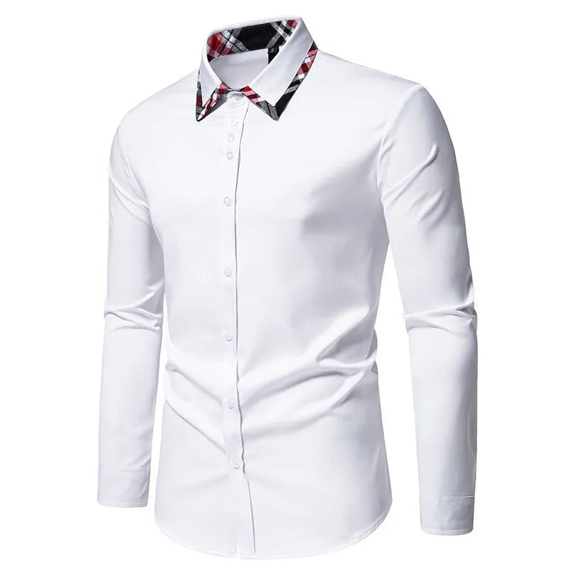 Blue, black, and white men's plaid long sleeve shirt with a triangle collar on a hanger.