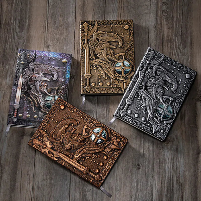 Handmade leather A5 notebook with embossed 3D warriors relief design in bronze colour.