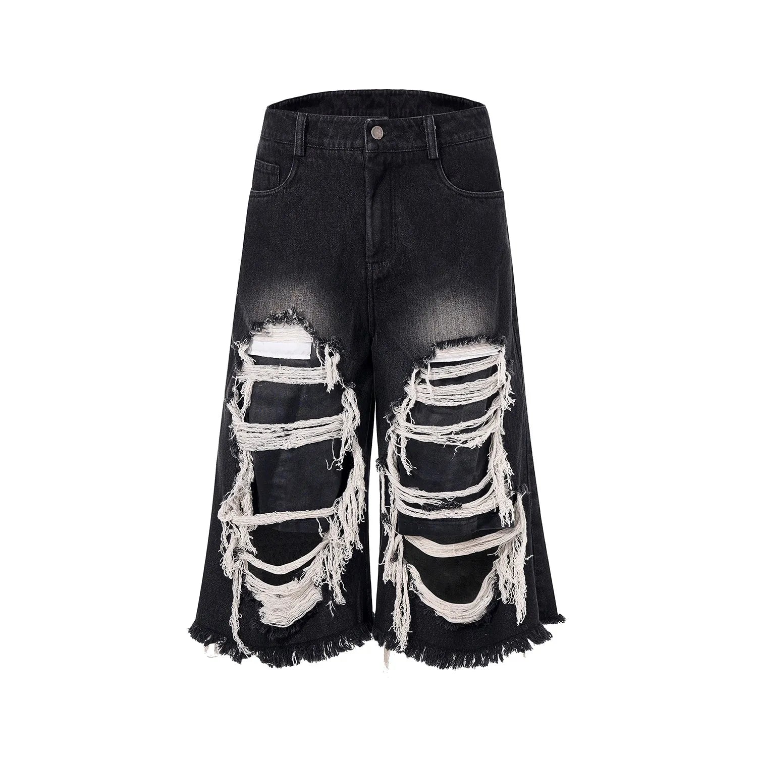 Black cropped wide-leg women's jeans with ripped patch detail on the knee.