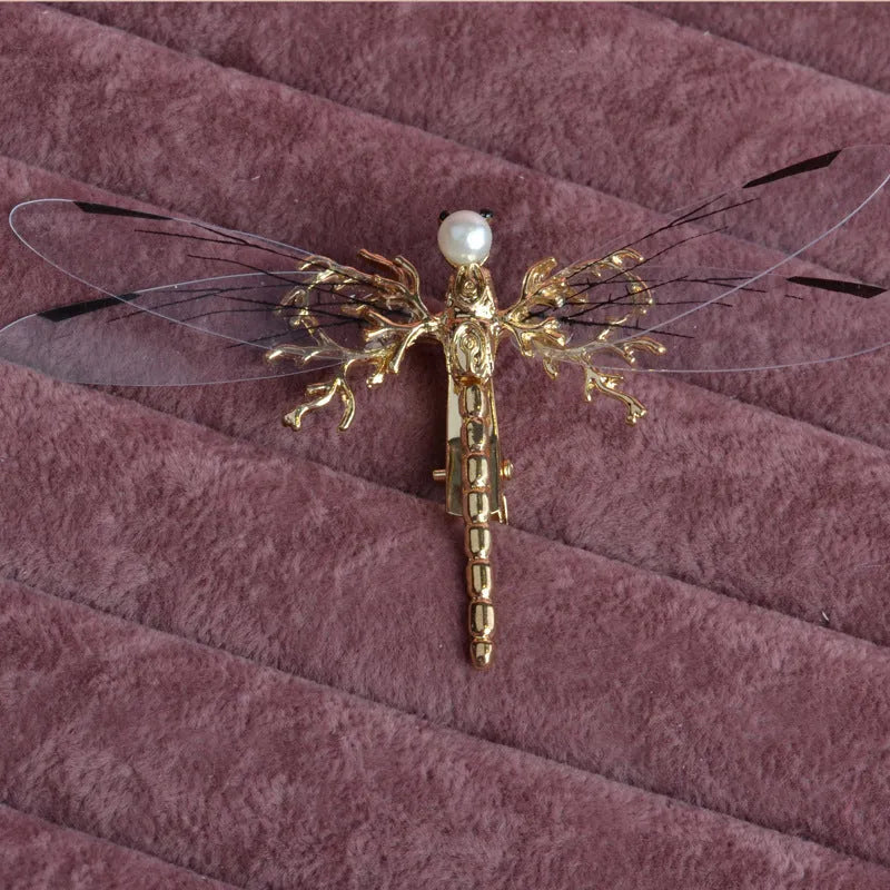 European golden dragonfly side clip headdress in gold-tone alloy with electroplated finish for women