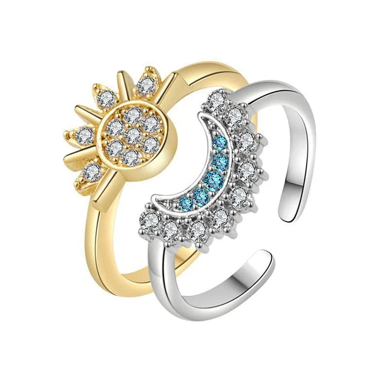 Sun And Moon diamond-studded alloy geometric couple ring set with sun and moon motifs