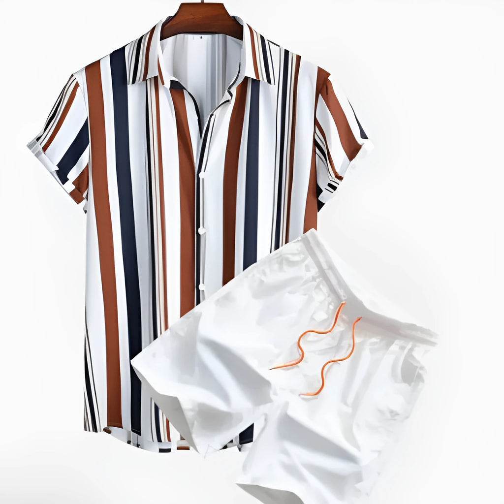 Men's casual suit set with digital printed shorts and short sleeve cardigan in polyester elastic fabric