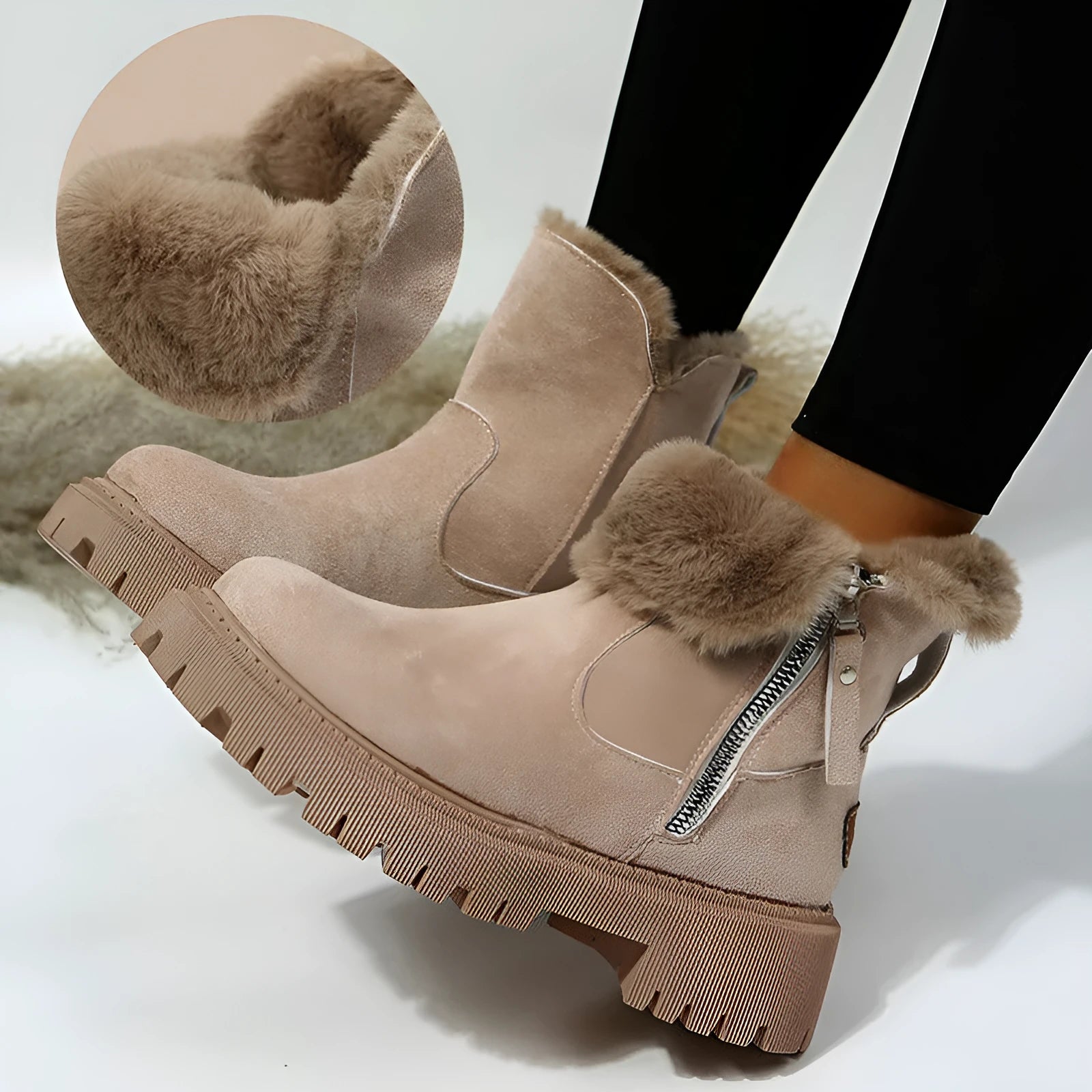 Women's black thick plush snow boots with faux suede upper, side zip, and non-slip rubber sole.