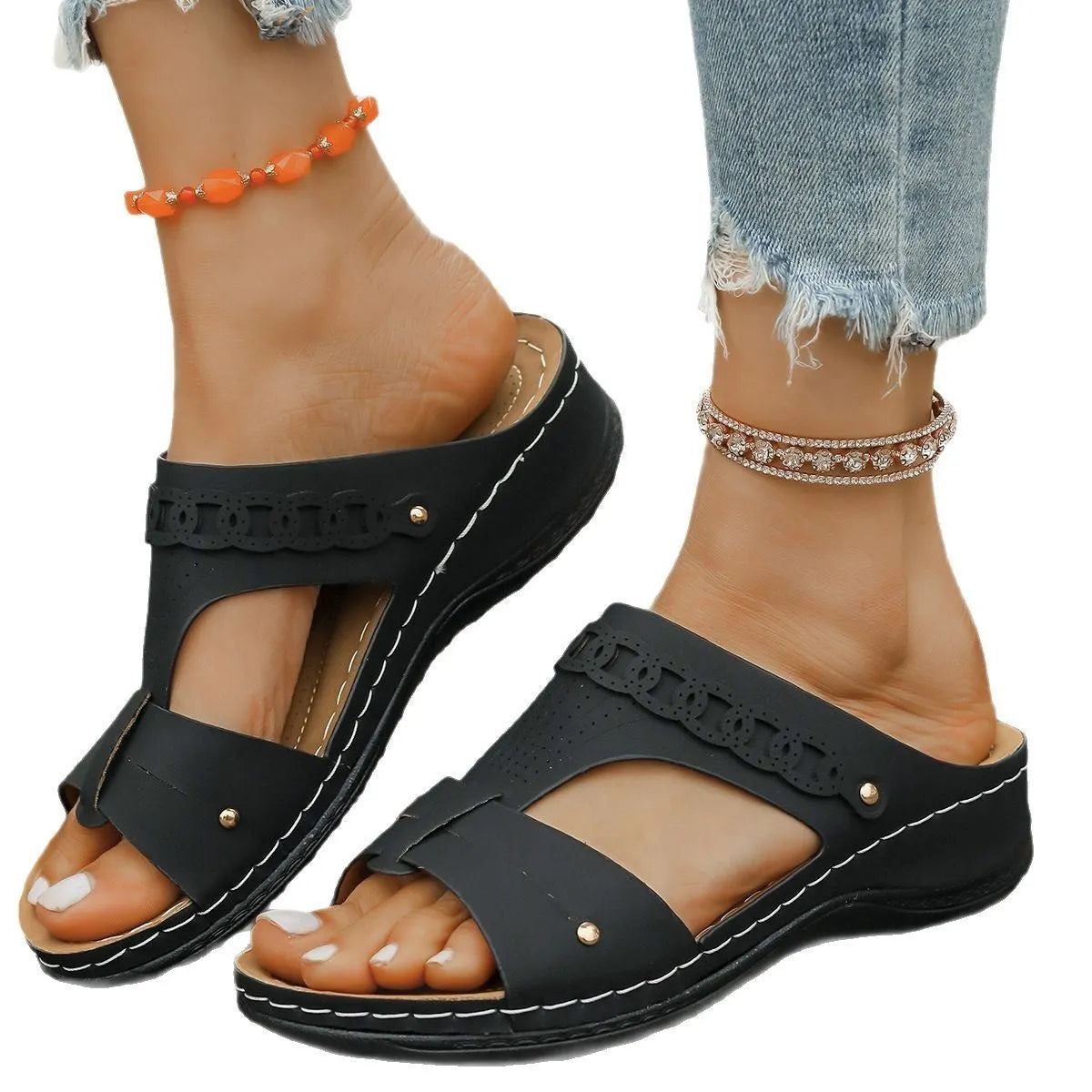 Roman-style slope heel slippers in a chosen colour, showing fish mouth toe design and rubber sole.
