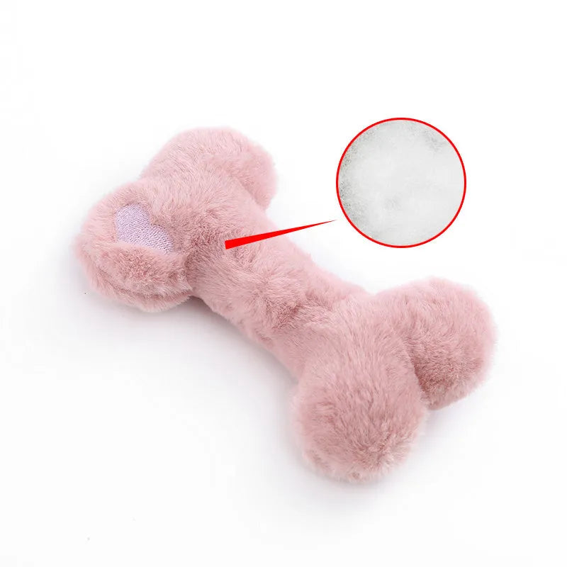 Blue plush bone-shaped dog toy with a squeaker for interactive pet play.