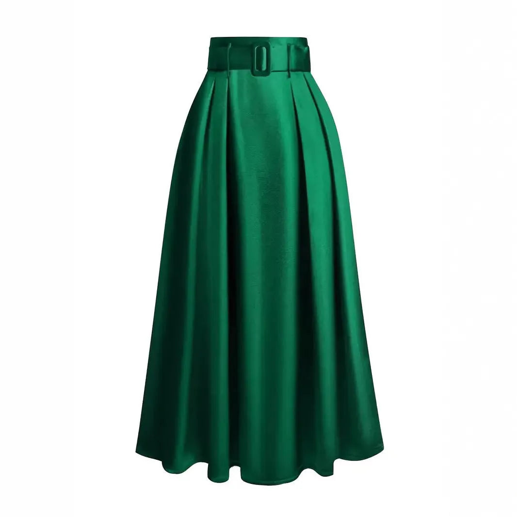 Women's high waist pure colour satin lace-up skirt in black polyester fabric, front view