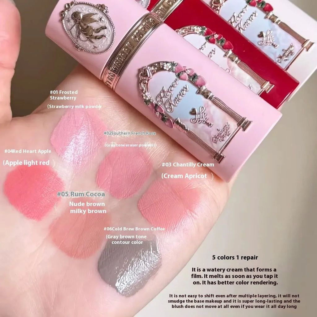 Cupid series liquid blush bottle showing six natural colour shades for cheek makeup application