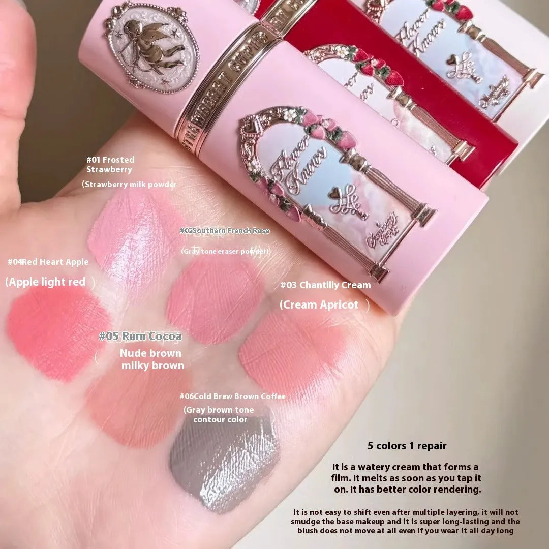 Cupid series liquid blush bottle showing six natural colour shades for cheek makeup application