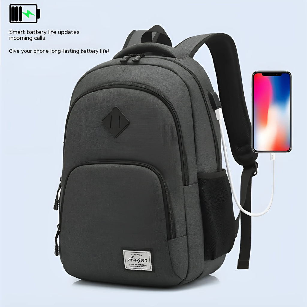 Grey lightweight backpack with USB charging port showing dimensions and trolley case slot
