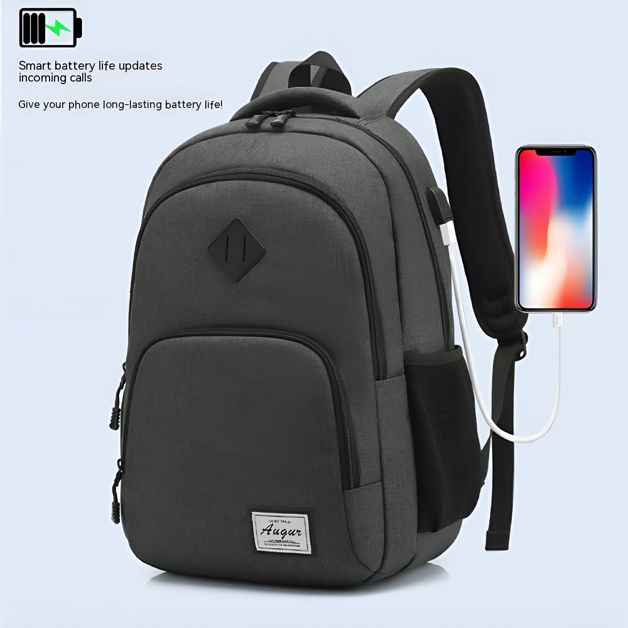Grey lightweight backpack with USB charging port showing dimensions and trolley case slot