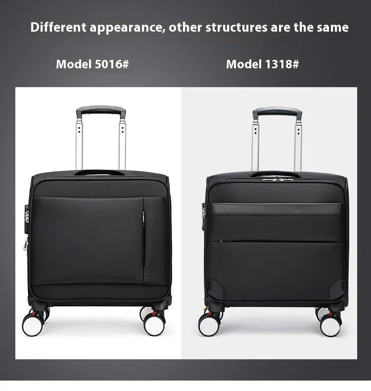 Black 18-inch Oxford cloth business suitcase with telescopic handle and universal wheels.