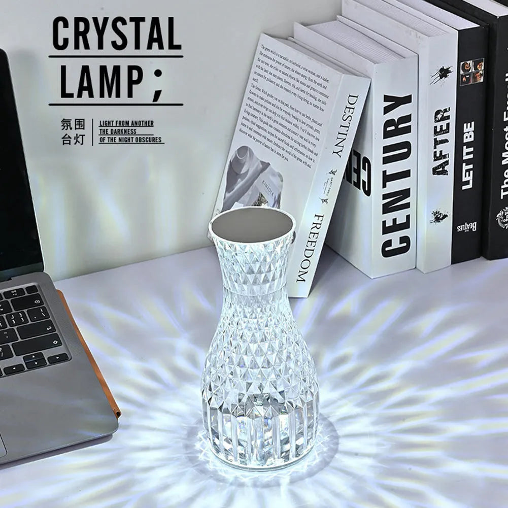Vase shape crystal table lamp with diamond-like light effect on bedside table, touch dimmable USB rechargeable LED