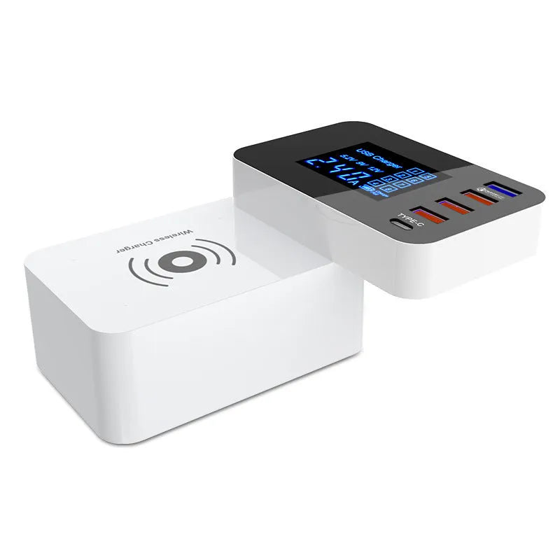 White 10W wireless charger with multi-USB ports and indicator light on a desk