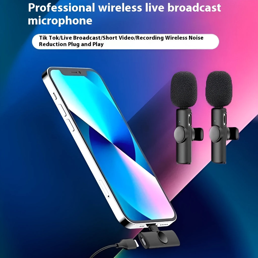 A wireless lavalier clip-on microphone attached to a shirt collar for hands-free video recording.