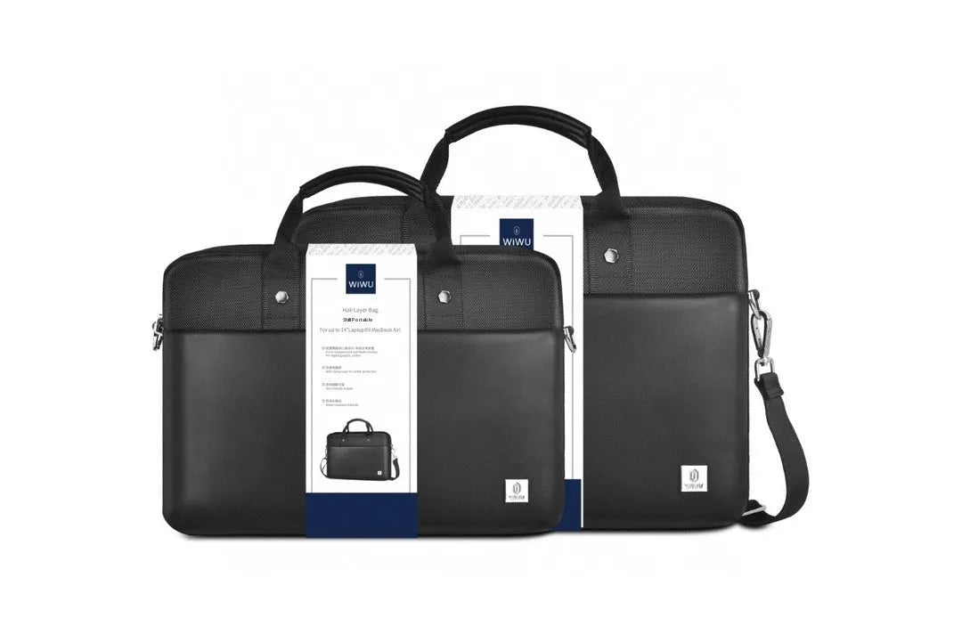 Black Oxford cloth computer handbag showing multi-pocket design and laptop compartment
