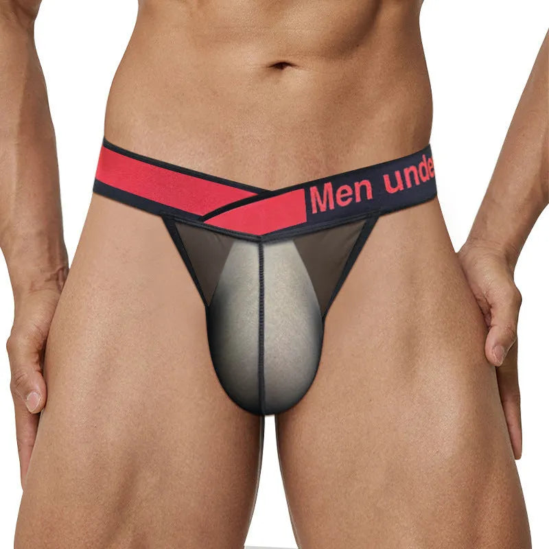 Men's transparent ice silk nylon briefs with large V gradient design in black red white colours