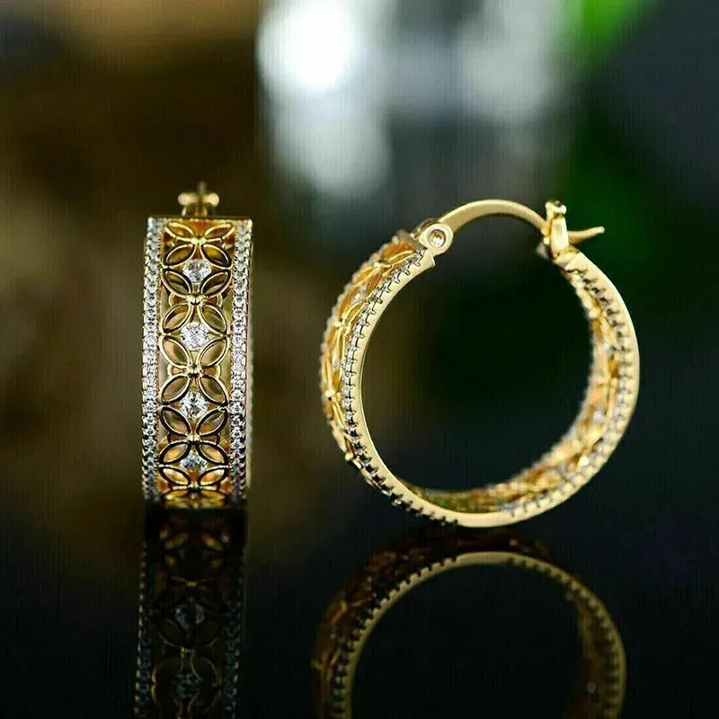 Yellow gold copper ear clips with horse eye, flower and butterfly geometric design for women.