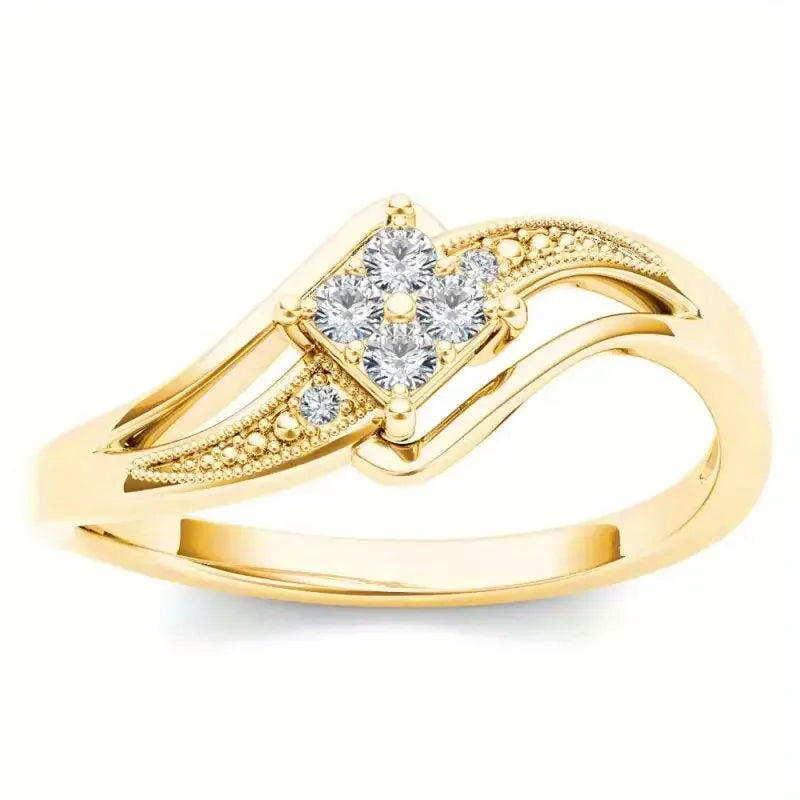 Women's copper ring with micro inlaid zircon stones, yellow gold colour, geometric diamond shape