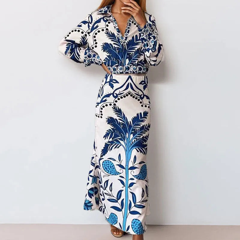Women's floral print polyester co-ord set with long sleeve top and matching long skirt