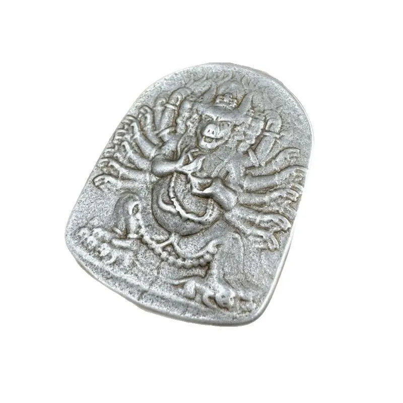 Iron metal pendant ornament with Chinese geometric style and Yamantaka deity depiction.
