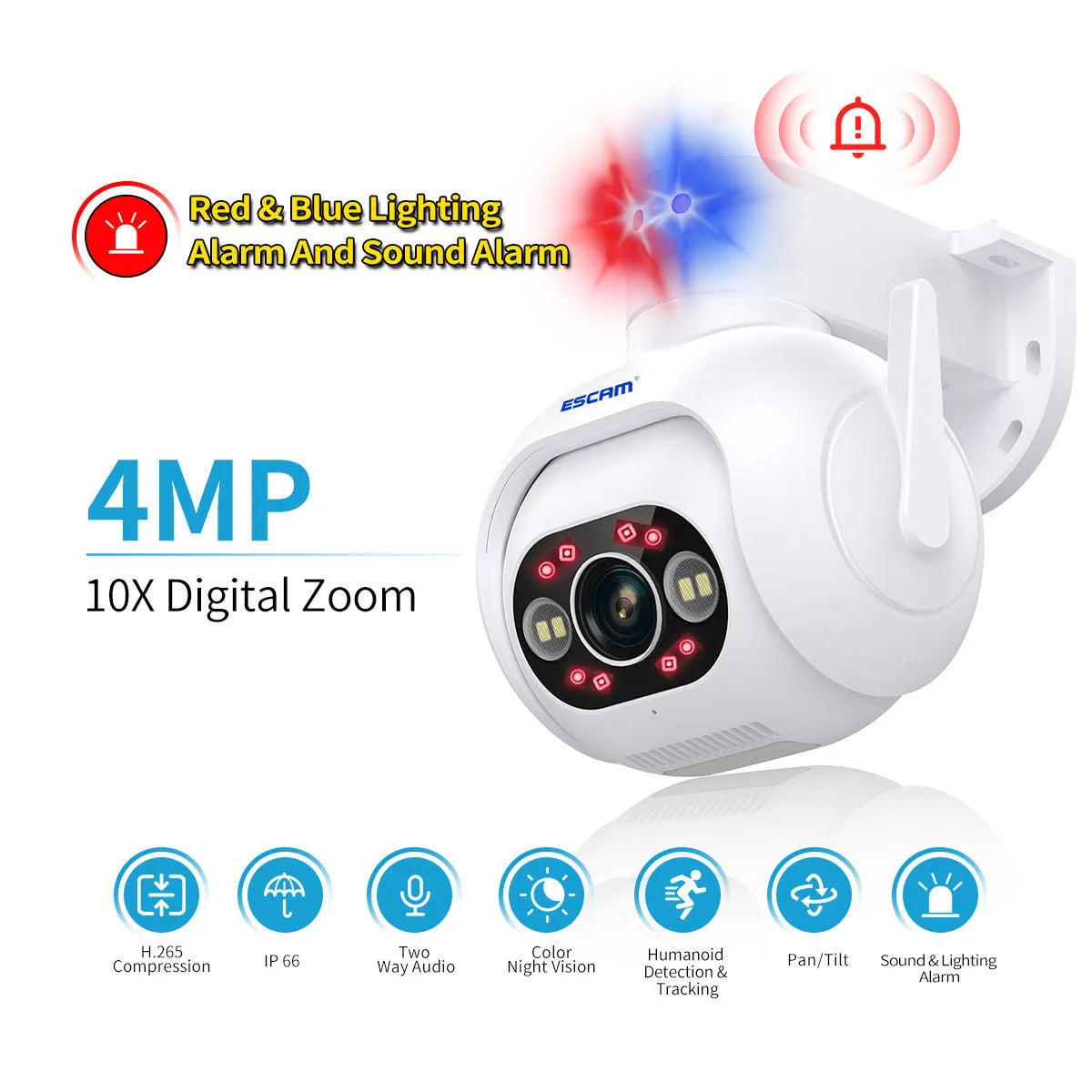 White plastic 4MP smart colour night vision security camera with wall mount bracket.