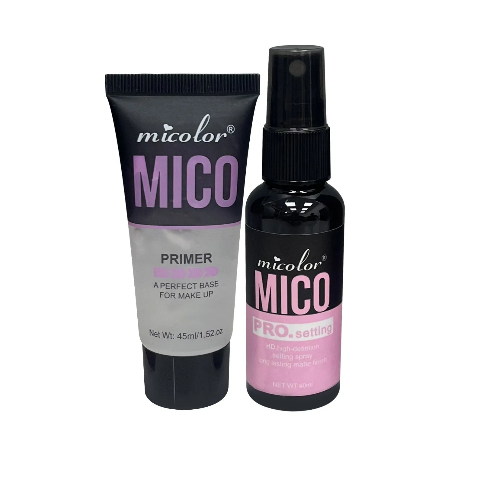 Makeup primer and finishing spray two-in-one set with 45ml and 40ml bottles monochrome design