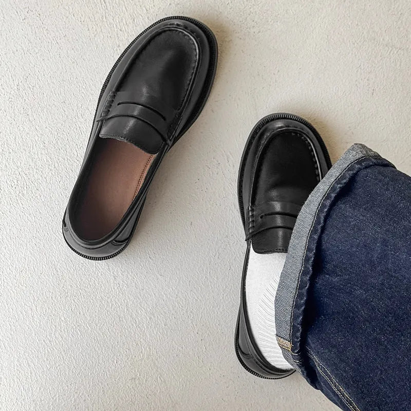 Men's slip-on retro casual shoes in beige, microfiber upper, rubber sole, side view
