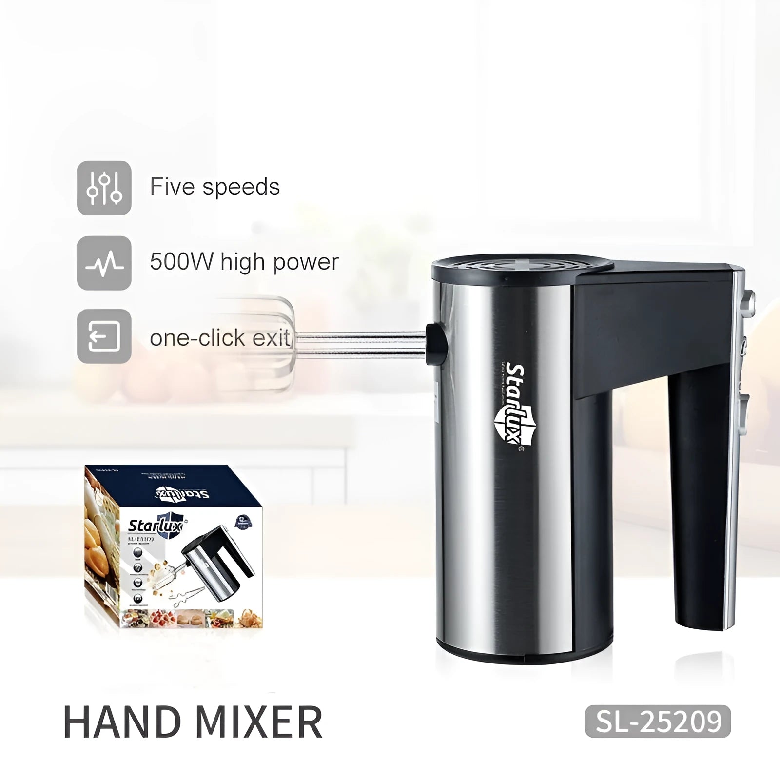 SL-25209 coloured hand-held electric whisk mixer with stainless steel beaters and five speed settings