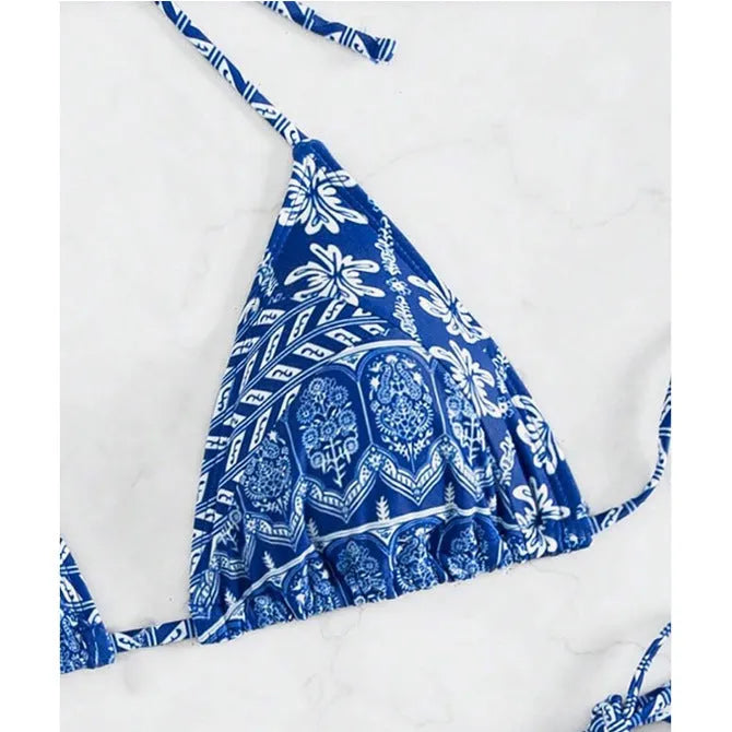 Women's split bikini swimsuit with bandage stitching in polyester fabric