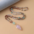 Unisex natural stone beaded necklace with round beads in pink and green colour options on white background