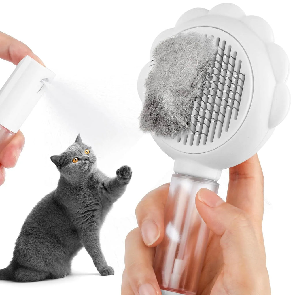 Grey green pink spray function cat grooming brush with release button and curved stainless steel pins