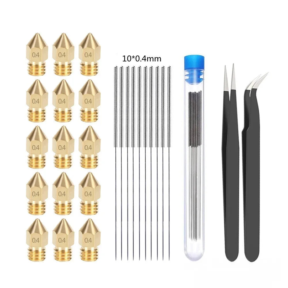 MK8 brass 3D printer nozzle and stainless steel cleaning pin kit on a white background