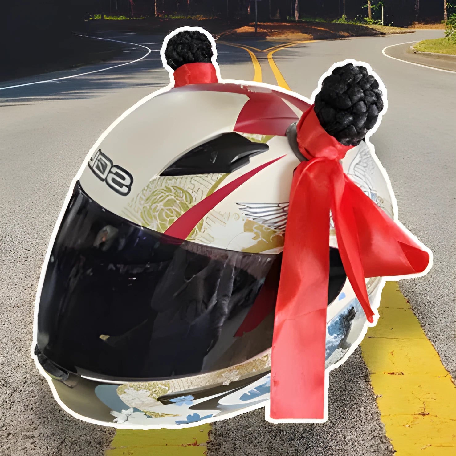 Motorcycle helmet with decorative braid accessory attached showing colour options including black, blue, pink, and fluorescent yellow styles