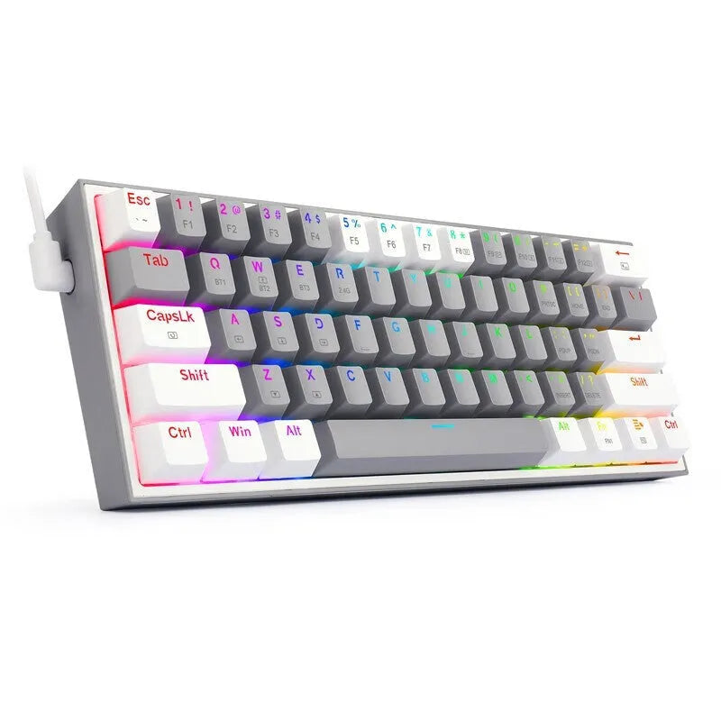 White and pink K617 wired mechanical keyboard with RGB backlighting lit up.