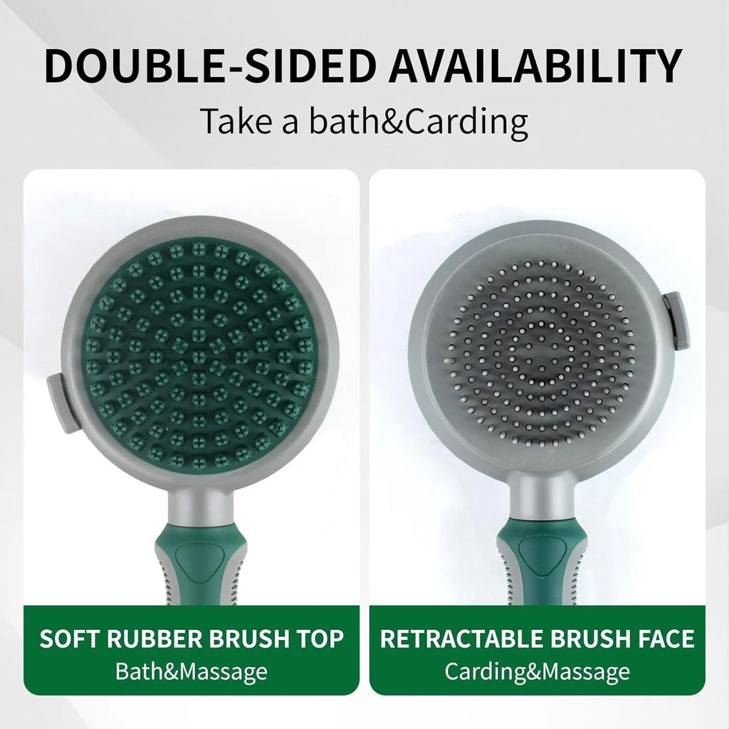 Green and pink two-sided silicone pet grooming brush with slicker brush and massage head.