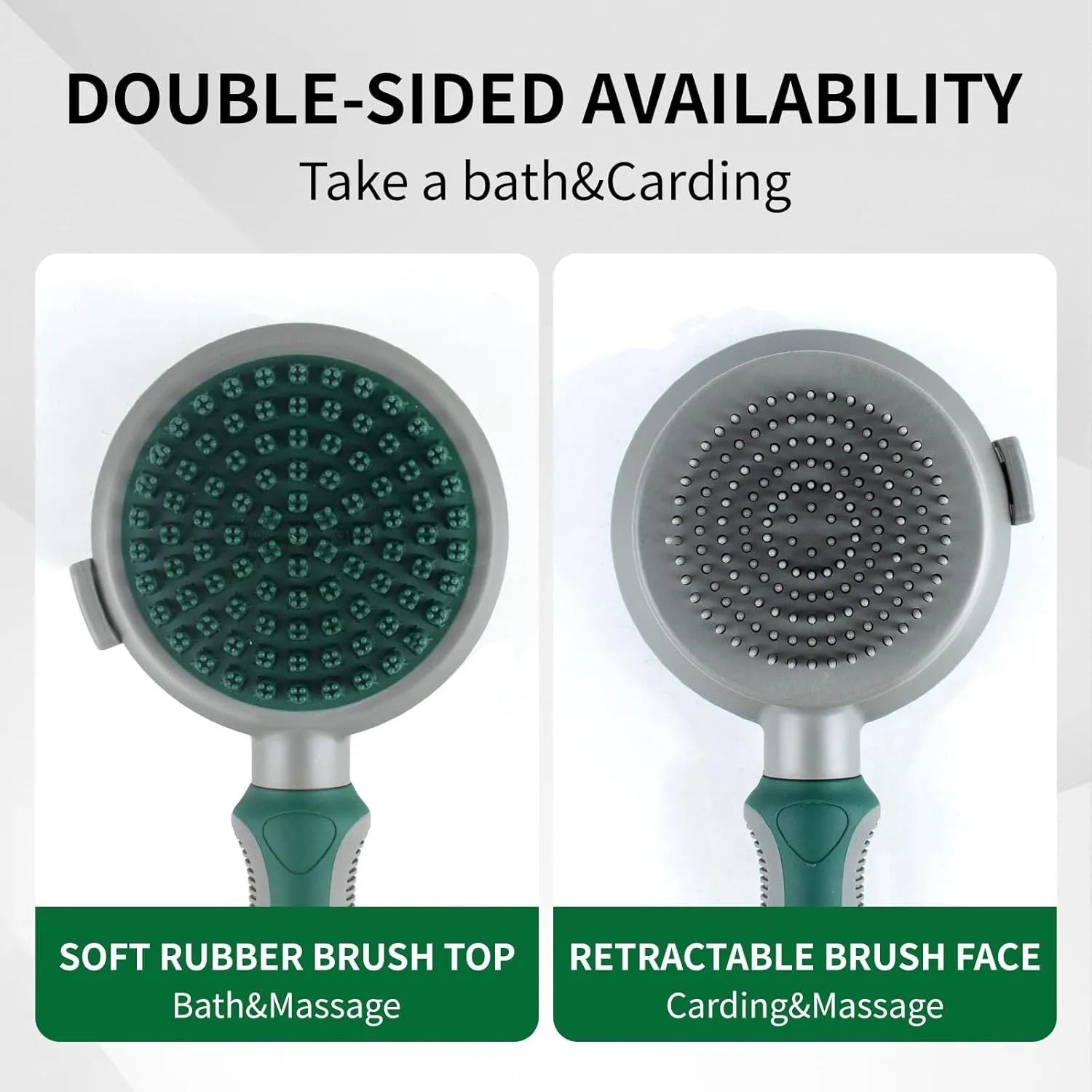 Green and pink two-sided silicone pet grooming brush with slicker brush and massage head.