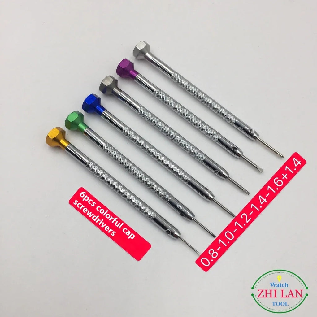 Six colour-coded watch repair screwdrivers with aluminium handles for children's watch maintenance